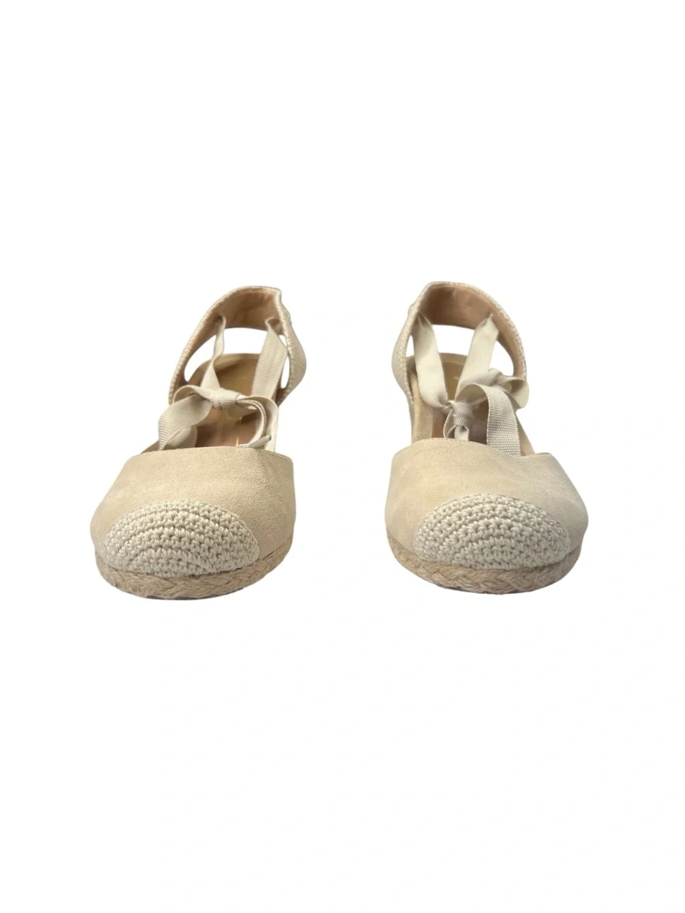 Vionic Espadrille Wedges Size 8.5 Ribbon Ankle Wrap Maris Cream Suede Closed Toe